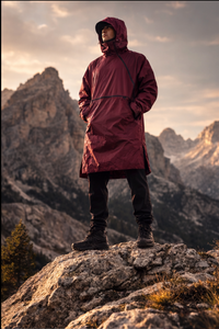 V1 RoamCoat full-length knee-length travel coat — outdoor summit shot