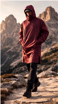 Man wearing V1 RoamCoat packable waterproof jacket walking outdoors
